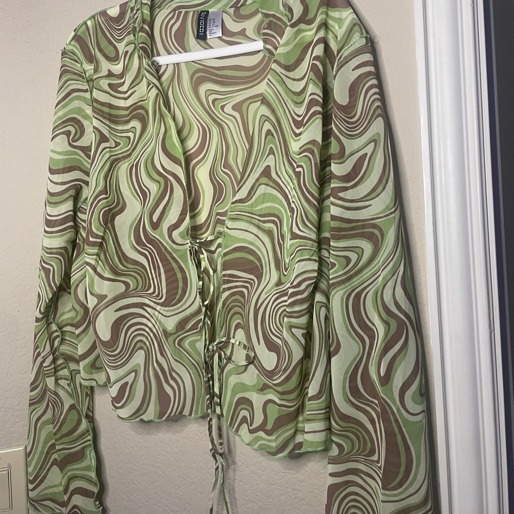 H&M brown & green sheer cropped tie up top